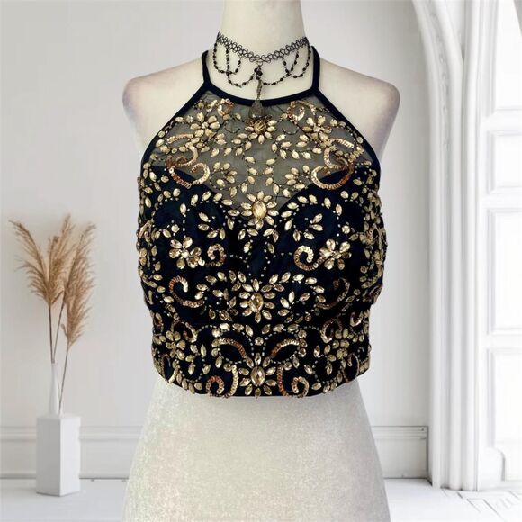 Vintage Whimsygoth Gold Embroidered Celestial Ethereal Crop Halter Top L - Picture 1 of 7